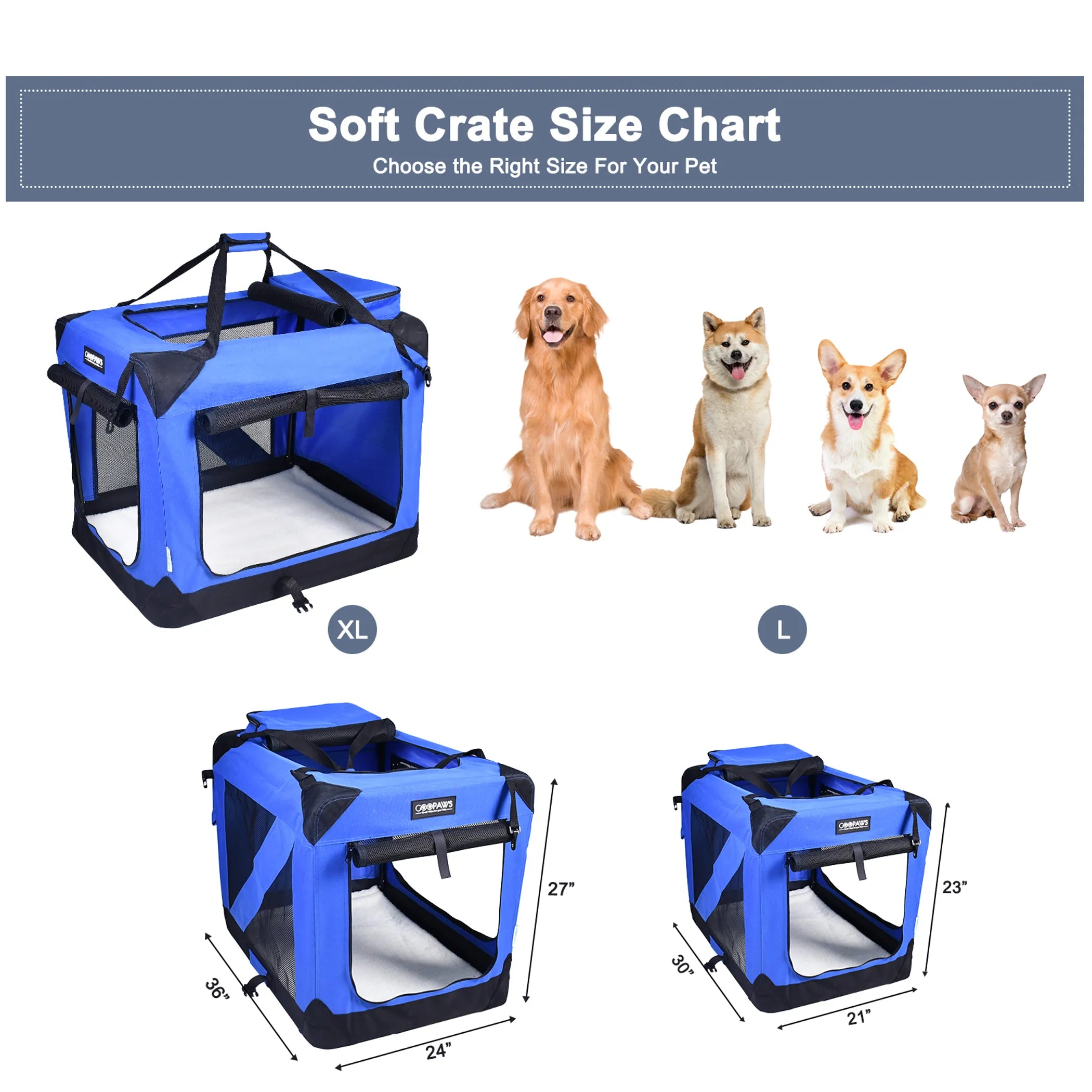 JESPET Soft Pet Crates Kennel, 3 Door Soft Sided Folding Travel Pet Carrier with Straps and Fleece Mat for Dogs, Cats, Rabbits, Indoor/Outdoor Use
